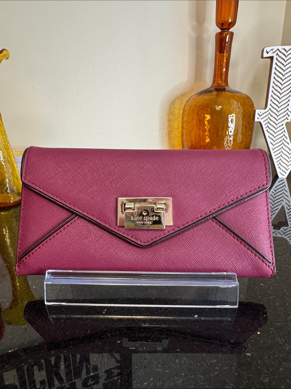 kate spade Berry Saffiano Envelope Wallet with Gold Turn-Lock